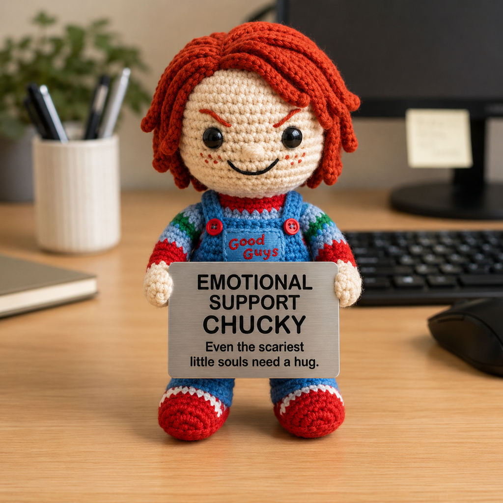Emotional Support Chucky Crochet Doll by Knot & Note – Handmade Amigurumi Plush, Cute Horror Desk Companion