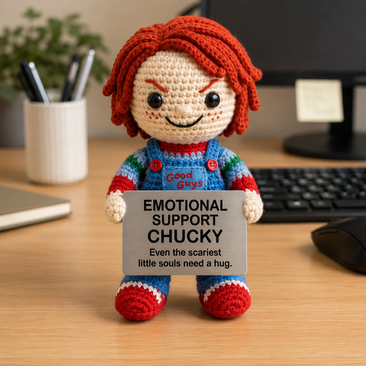 Emotional Support Chucky Crochet Doll by Knot & Note – Handmade Amigurumi Plush, Cute Horror Desk Companion