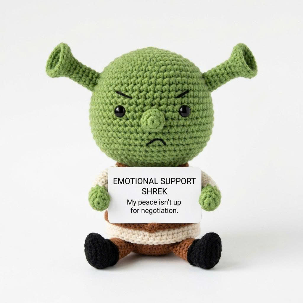 Emotional Support Crochet Doll – Handmade Grumpy Green Amigurumi Plush, Cute Comfort Gift for Stress Relief & Self Care