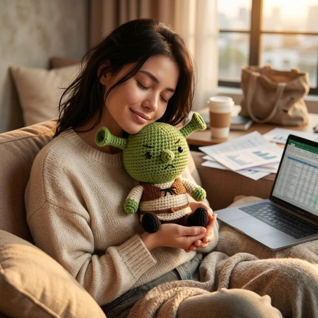 Emotional Support Crochet Doll – Handmade Grumpy Green Amigurumi Plush, Cute Comfort Gift for Stress Relief & Self Care