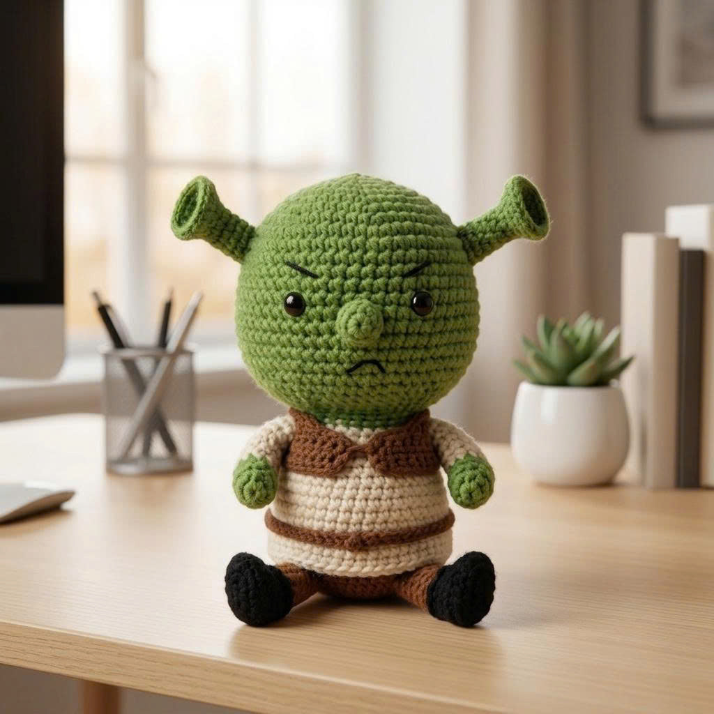 Emotional Support Crochet Doll – Handmade Grumpy Green Amigurumi Plush, Cute Comfort Gift for Stress Relief & Self Care