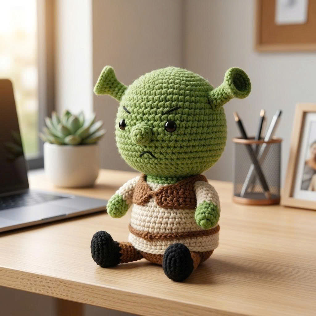 Emotional Support Crochet Doll – Handmade Grumpy Green Amigurumi Plush, Cute Comfort Gift for Stress Relief & Self Care