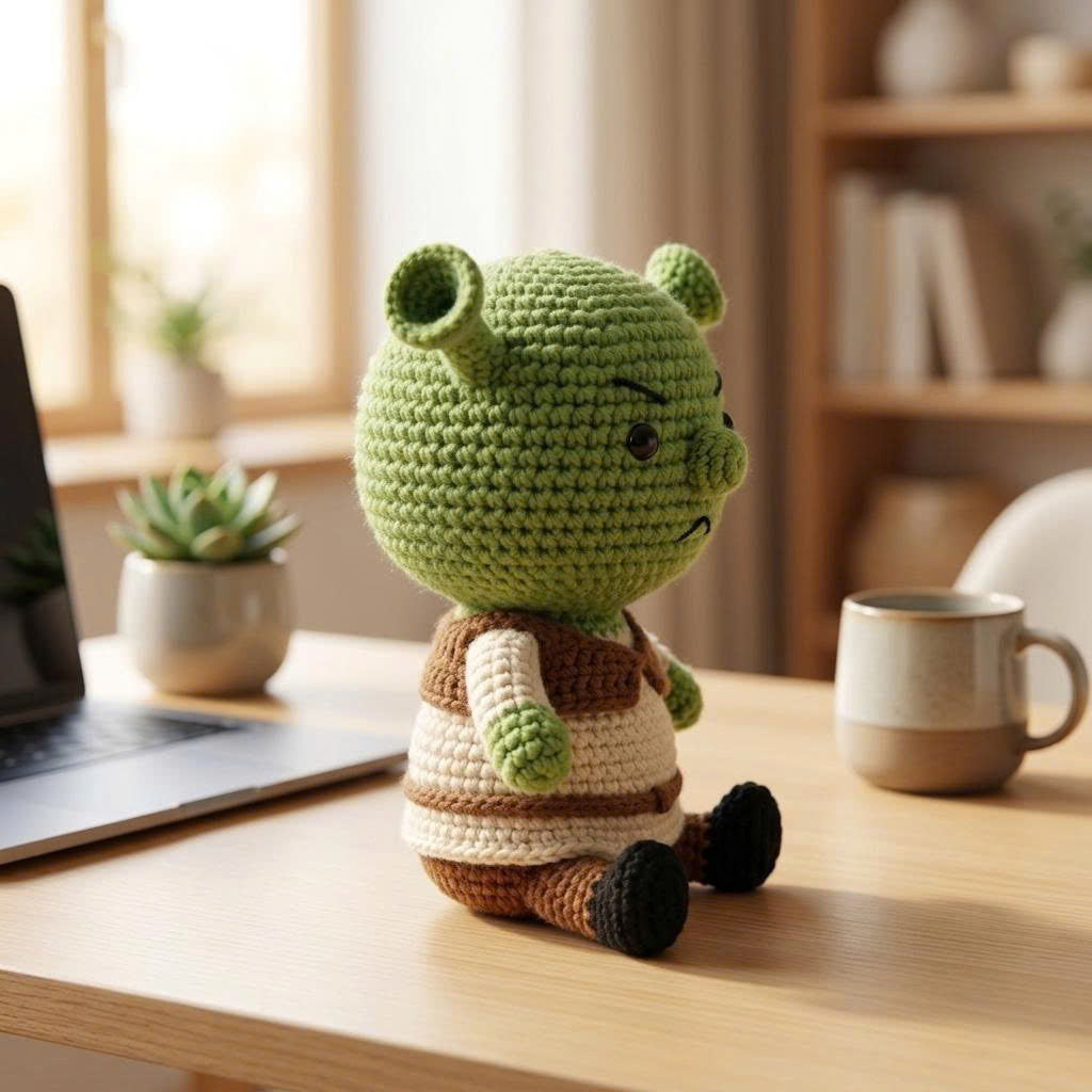 Emotional Support Crochet Doll – Handmade Grumpy Green Amigurumi Plush, Cute Comfort Gift for Stress Relief & Self Care