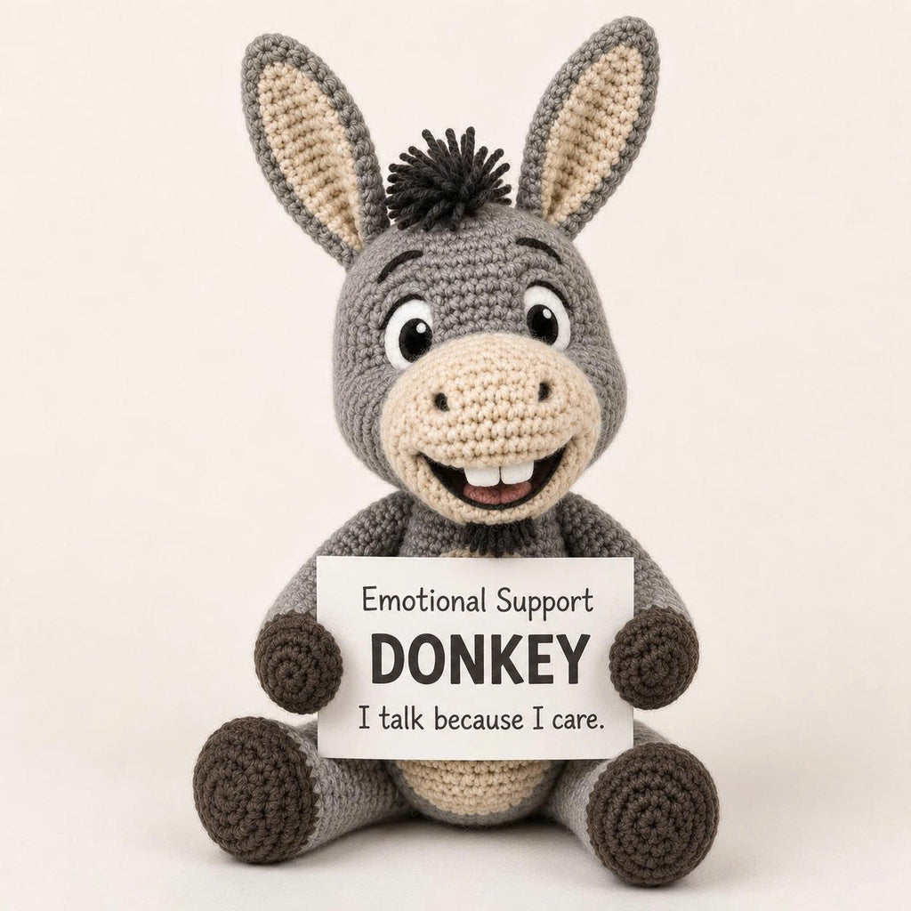 Emotional Support Donkey Crochet Doll – Handmade Amigurumi Donkey Plush, Cute Comfort Gift for Stress Relief