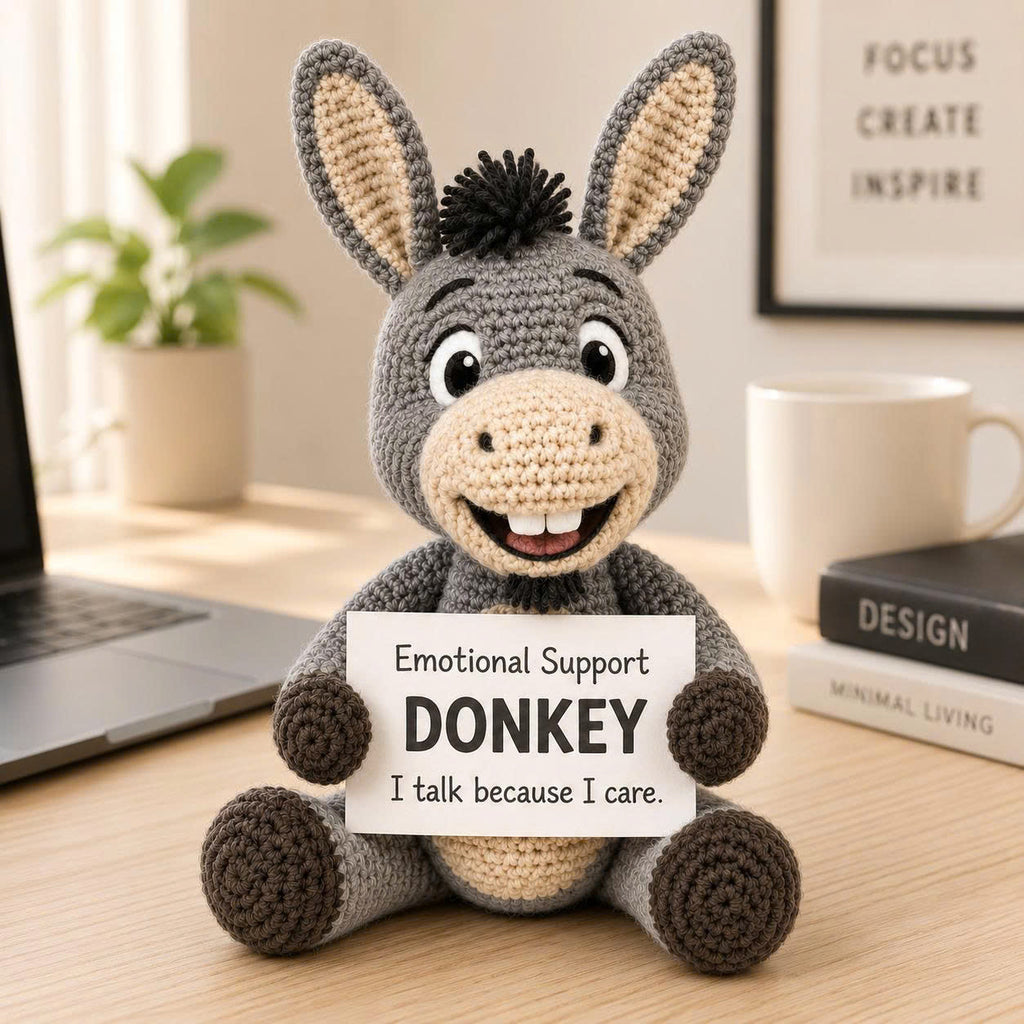 Emotional Support Donkey Crochet Doll – Handmade Amigurumi Donkey Plush, Cute Comfort Gift for Stress Relief
