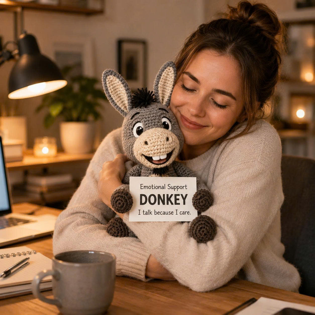 Emotional Support Donkey Crochet Doll – Handmade Amigurumi Donkey Plush, Cute Comfort Gift for Stress Relief