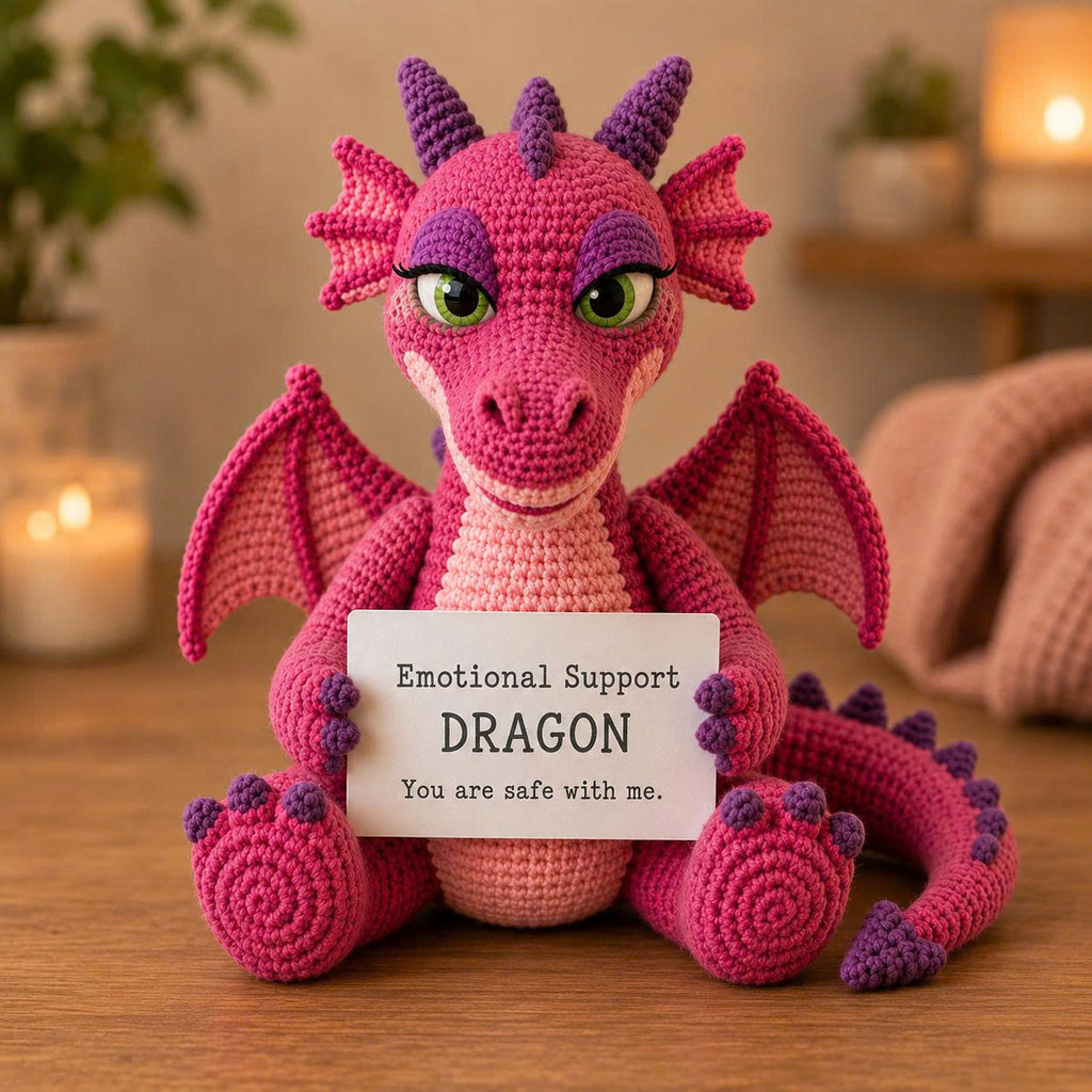 Emotional Support Dragon Crochet Doll – Handmade Pink Amigurumi Plush, Cute Comfort Gift for Stress Relief
