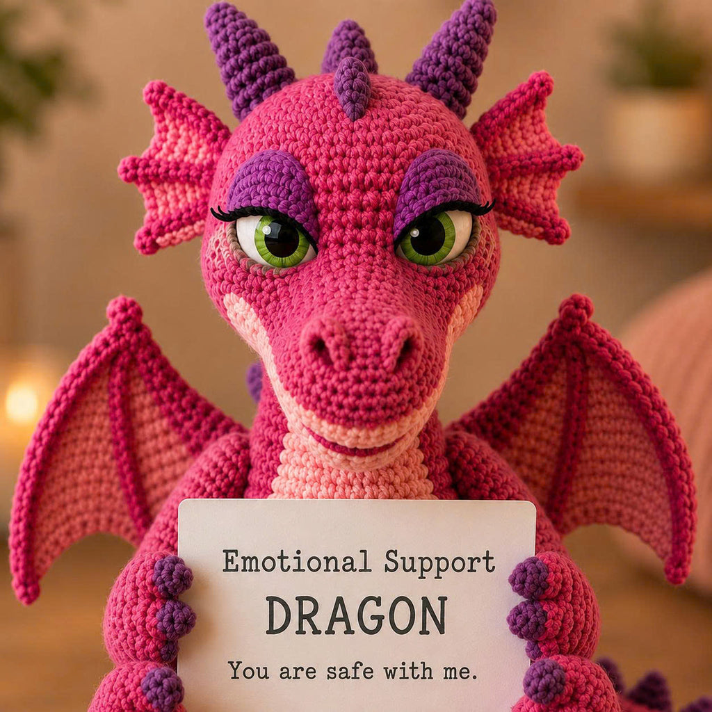 Emotional Support Dragon Crochet Doll – Handmade Pink Amigurumi Plush, Cute Comfort Gift for Stress Relief