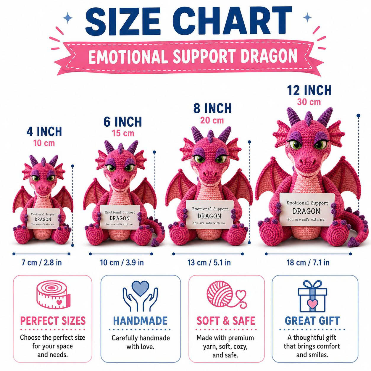 Emotional Support Dragon Crochet Doll – Handmade Pink Amigurumi Plush, Cute Comfort Gift for Stress Relief