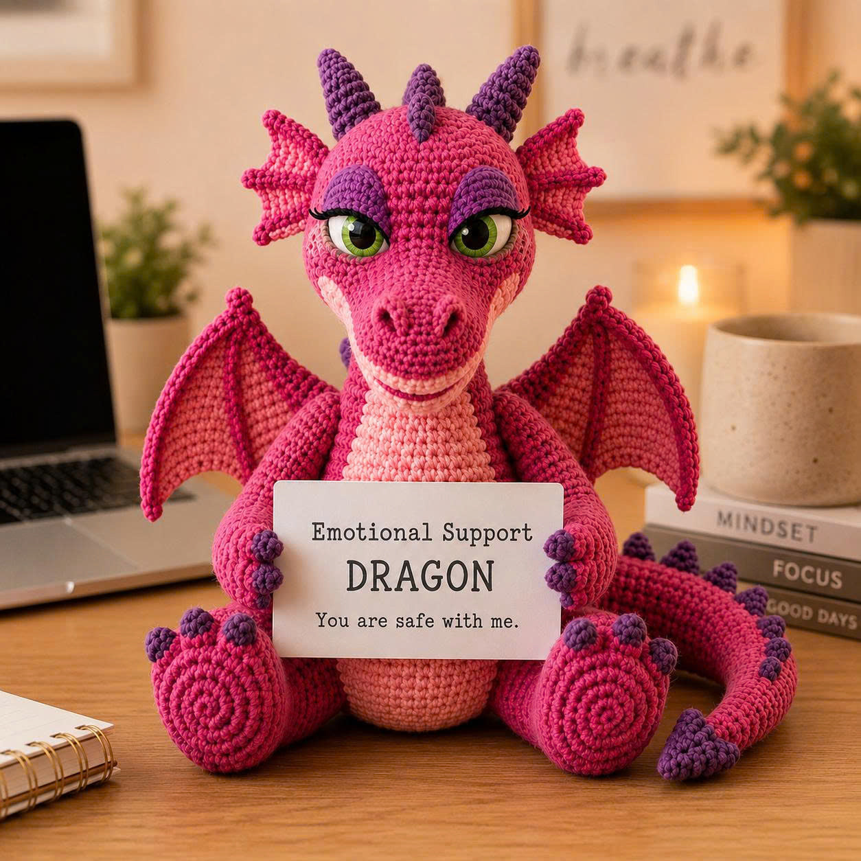 Emotional Support Dragon Crochet Doll – Handmade Pink Amigurumi Plush, Cute Comfort Gift for Stress Relief