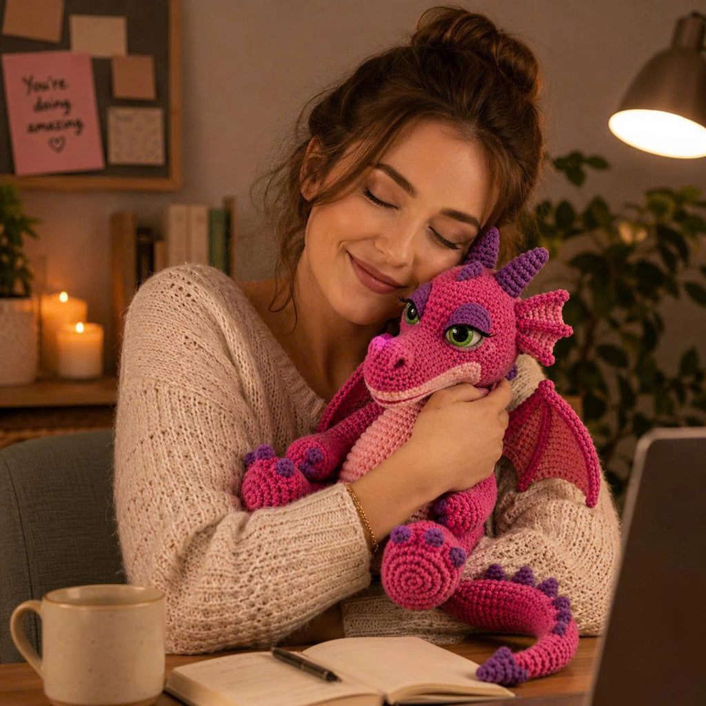 Emotional Support Dragon Crochet Doll – Handmade Pink Amigurumi Plush, Cute Comfort Gift for Stress Relief