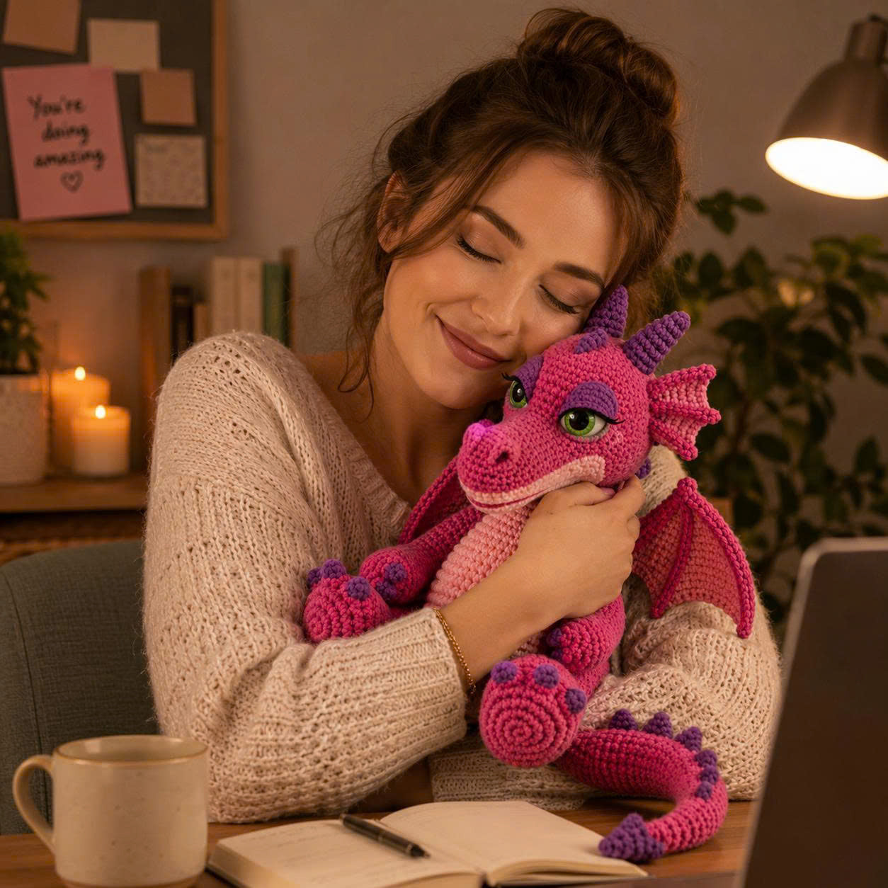 Emotional Support Dragon Crochet Doll – Handmade Pink Amigurumi Plush, Cute Comfort Gift for Stress Relief