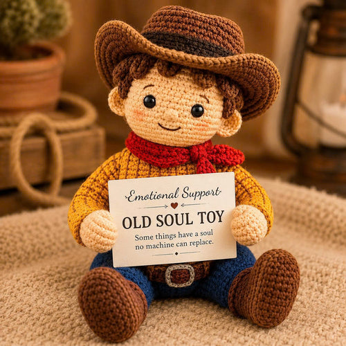 Emotional Support Cowboy Crochet Doll – Handmade Old Soul Toy, Nostalgic Amigurumi Plush Gift
