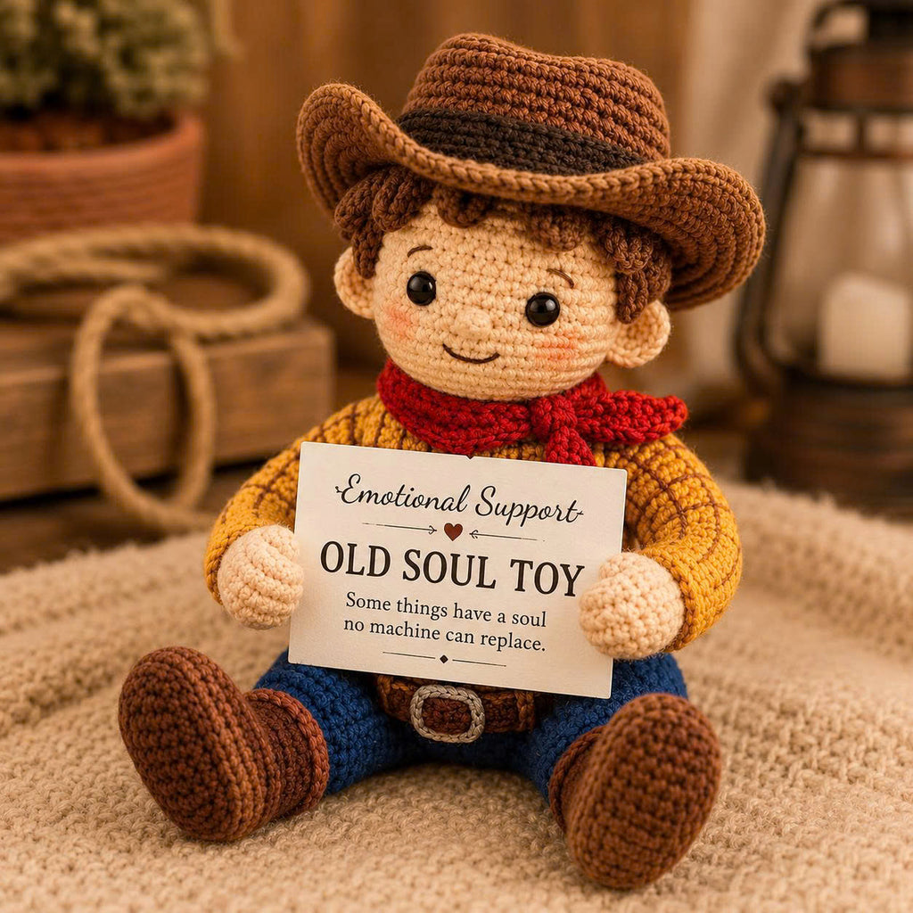 Emotional Support Cowboy Crochet Doll – Handmade Old Soul Toy, Nostalgic Amigurumi Plush Gift
