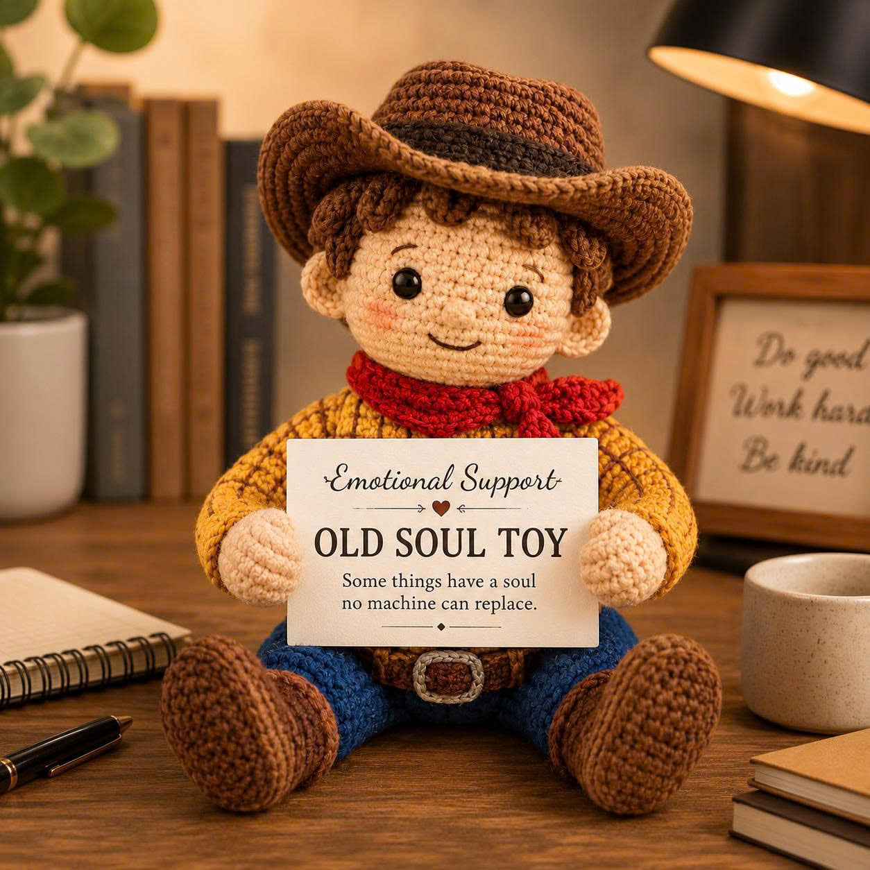 Emotional Support Cowboy Crochet Doll – Handmade Old Soul Toy, Nostalgic Amigurumi Plush Gift