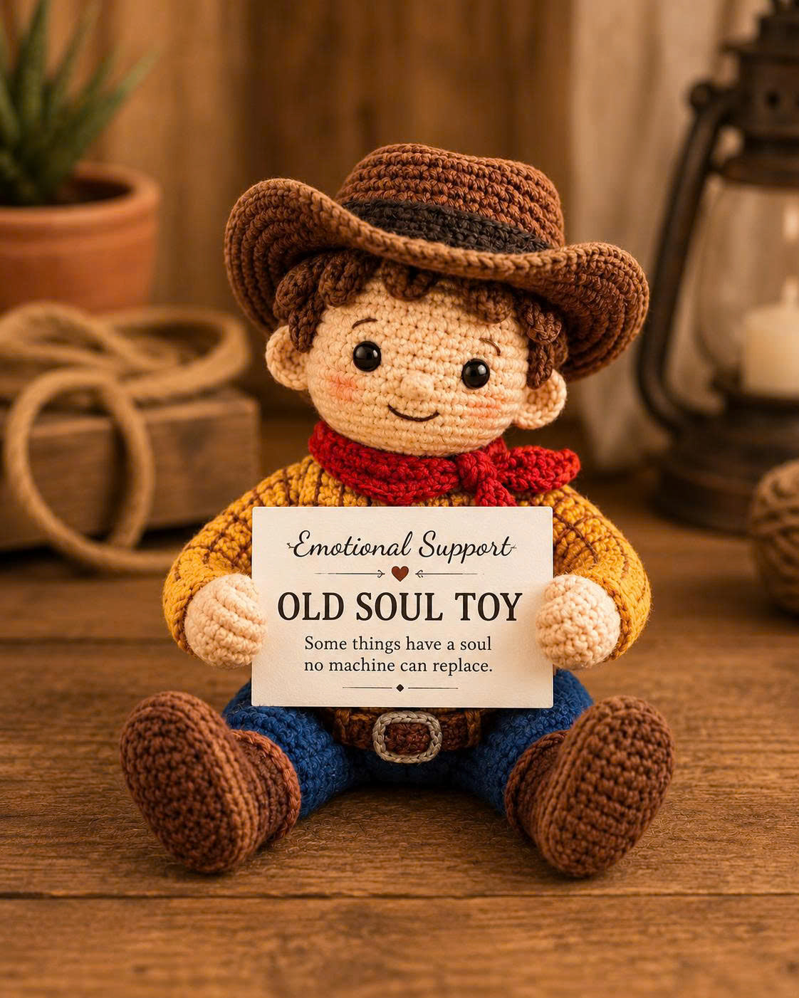 Emotional Support Cowboy Crochet Doll – Handmade Old Soul Toy, Nostalgic Amigurumi Plush Gift