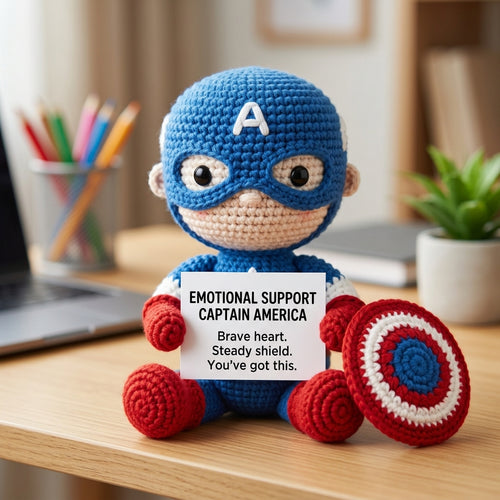 Emotional Support Captain America Crochet Doll – Handmade Amigurumi Superhero Plush, Cute Desk Companion