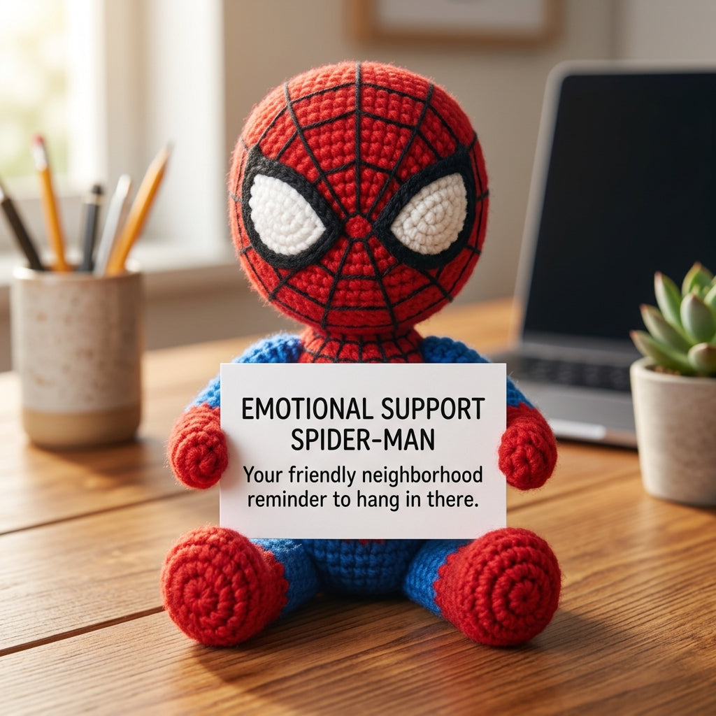 Emotional Support Spider-Man Crochet Doll by Knot & Note – Handmade Amigurumi Marvel Plush, Cute Desk Companion