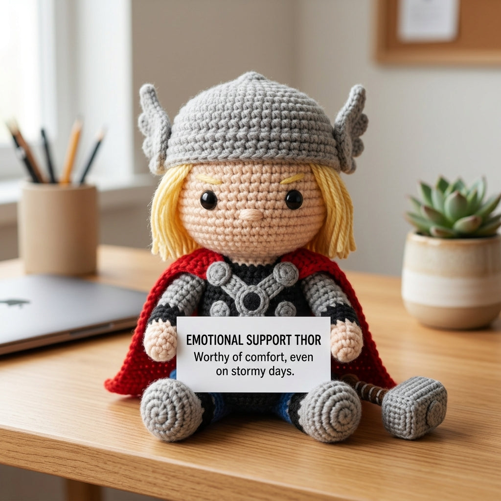 Emotional Support Thor Crochet Doll by Knot & Note – Handmade Amigurumi Marvel Plush, Cute Desk Companion