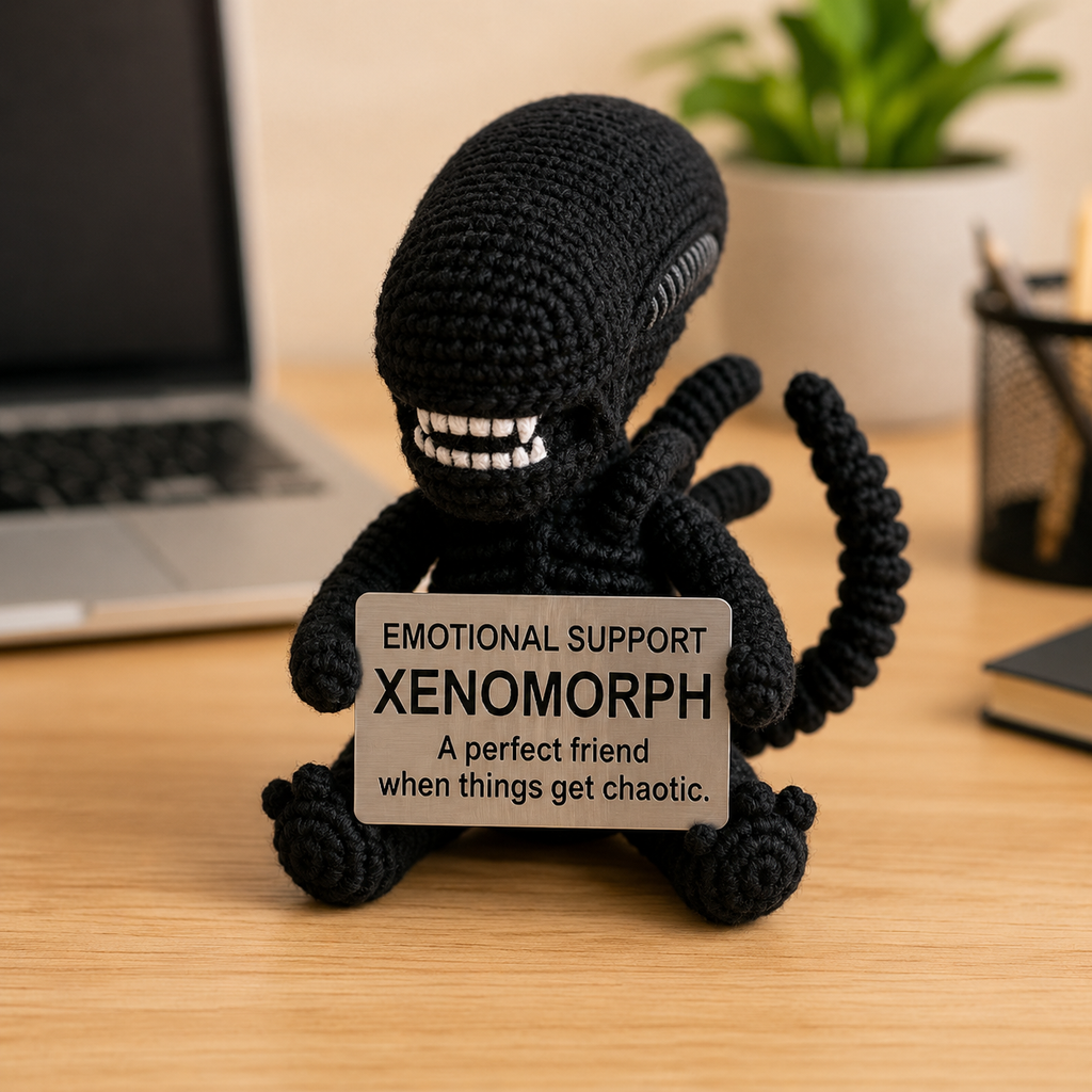 Emotional Support Xenomorph Crochet Doll by Knot & Note – Handmade Amigurumi Sci-Fi Plush, Cute Horror Desk Companion