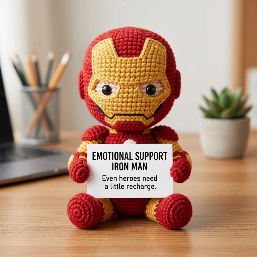 Emotional Support Iron Man Crochet Doll by Knot & Note – Handmade Amigurumi Marvel Plush, Cute Desk Companion