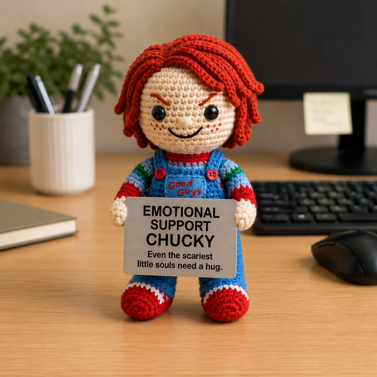 Emotional Support Chucky Crochet Doll by Knot & Note – Handmade Amigurumi Plush, Cute Horror Desk Companion