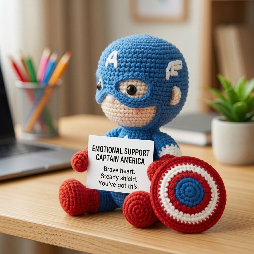 Emotional Support Captain America Crochet Doll – Handmade Amigurumi Superhero Plush, Cute Desk Companion