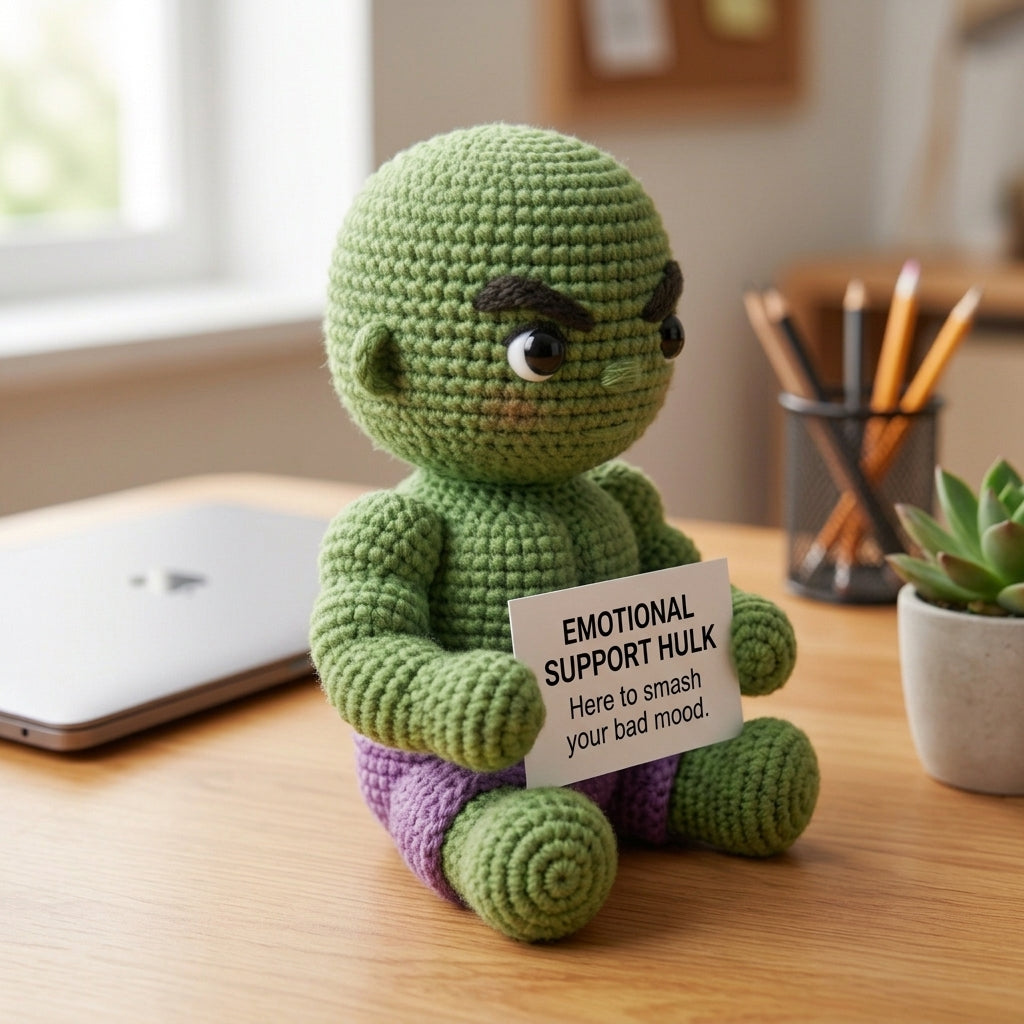 Emotional Support Hulk Crochet Doll by Knot & Note – Handmade Amigurumi Marvel Plush, Cute Desk Companion