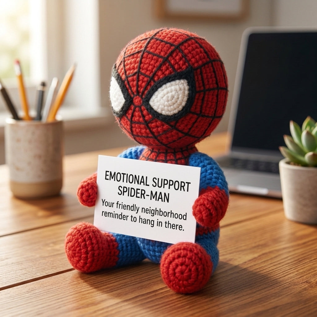 Emotional Support Spider-Man Crochet Doll by Knot & Note – Handmade Amigurumi Marvel Plush, Cute Desk Companion