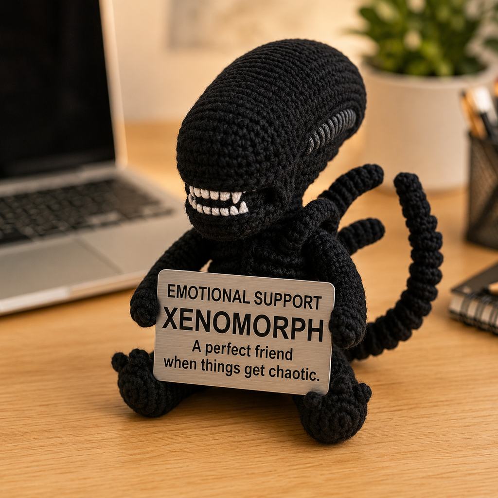 Emotional Support Xenomorph Crochet Doll by Knot & Note – Handmade Amigurumi Sci-Fi Plush, Cute Horror Desk Companion