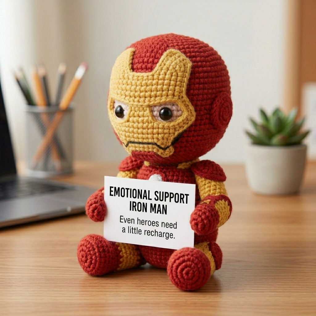 Emotional Support Iron Man Crochet Doll by Knot & Note – Handmade Amigurumi Marvel Plush, Cute Desk Companion