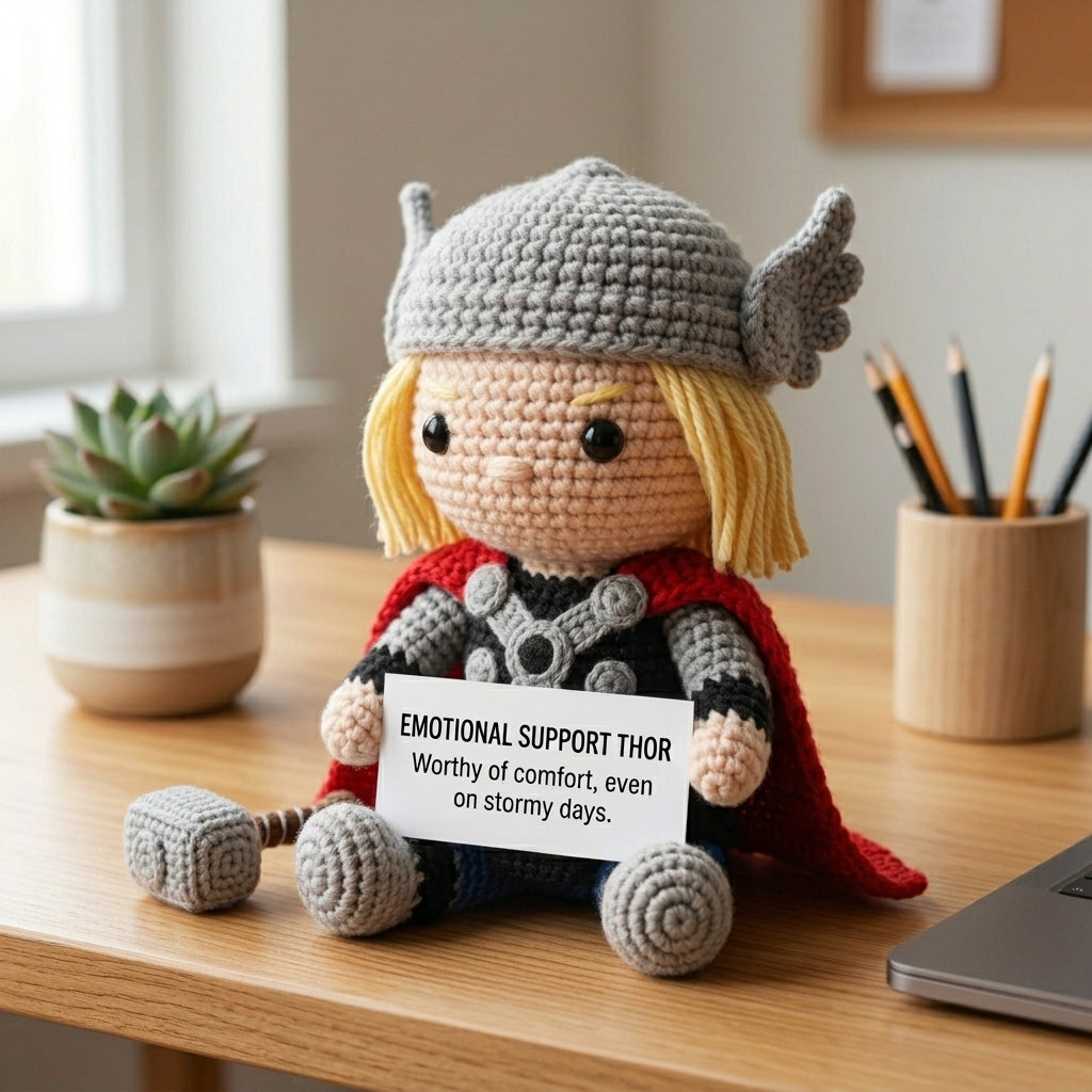 Emotional Support Thor Crochet Doll by Knot & Note – Handmade Amigurumi Marvel Plush, Cute Desk Companion