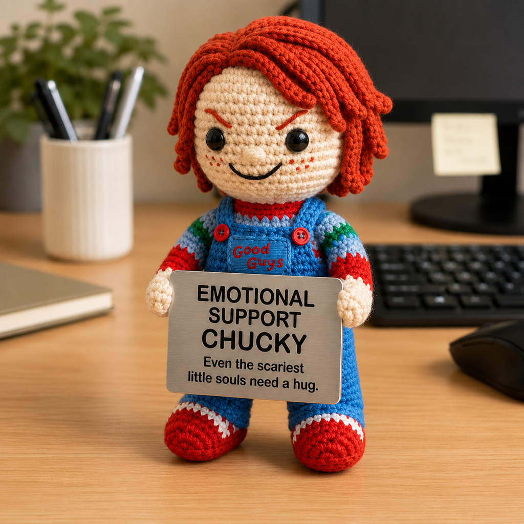 Emotional Support Chucky Crochet Doll by Knot & Note – Handmade Amigurumi Plush, Cute Horror Desk Companion