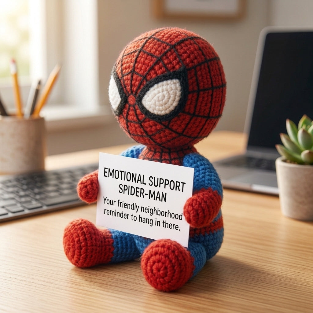 Emotional Support Spider-Man Crochet Doll by Knot & Note – Handmade Amigurumi Marvel Plush, Cute Desk Companion