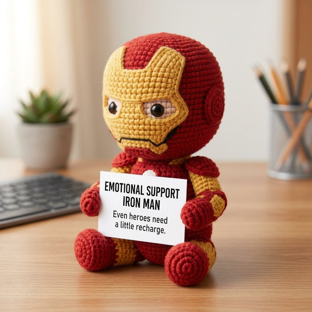 Emotional Support Iron Man Crochet Doll by Knot & Note – Handmade Amigurumi Marvel Plush, Cute Desk Companion