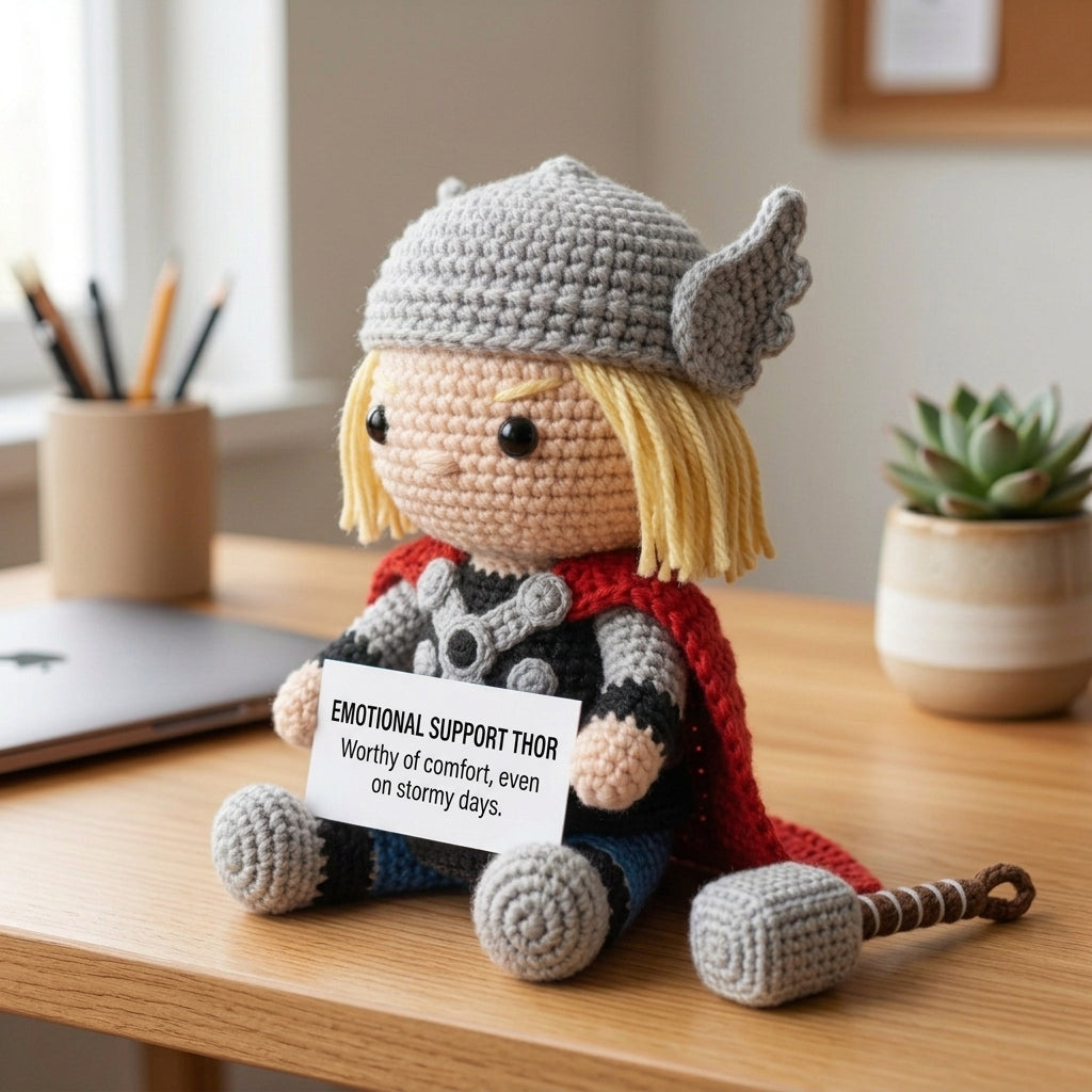 Emotional Support Thor Crochet Doll by Knot & Note – Handmade Amigurumi Marvel Plush, Cute Desk Companion