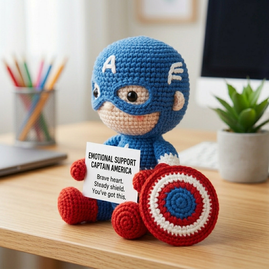 Emotional Support Captain America Crochet Doll – Handmade Amigurumi Superhero Plush, Cute Desk Companion