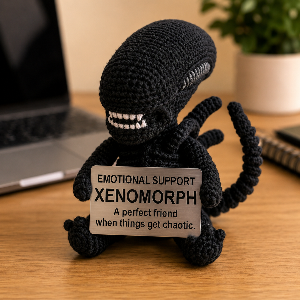 Emotional Support Xenomorph Crochet Doll by Knot & Note – Handmade Amigurumi Sci-Fi Plush, Cute Horror Desk Companion