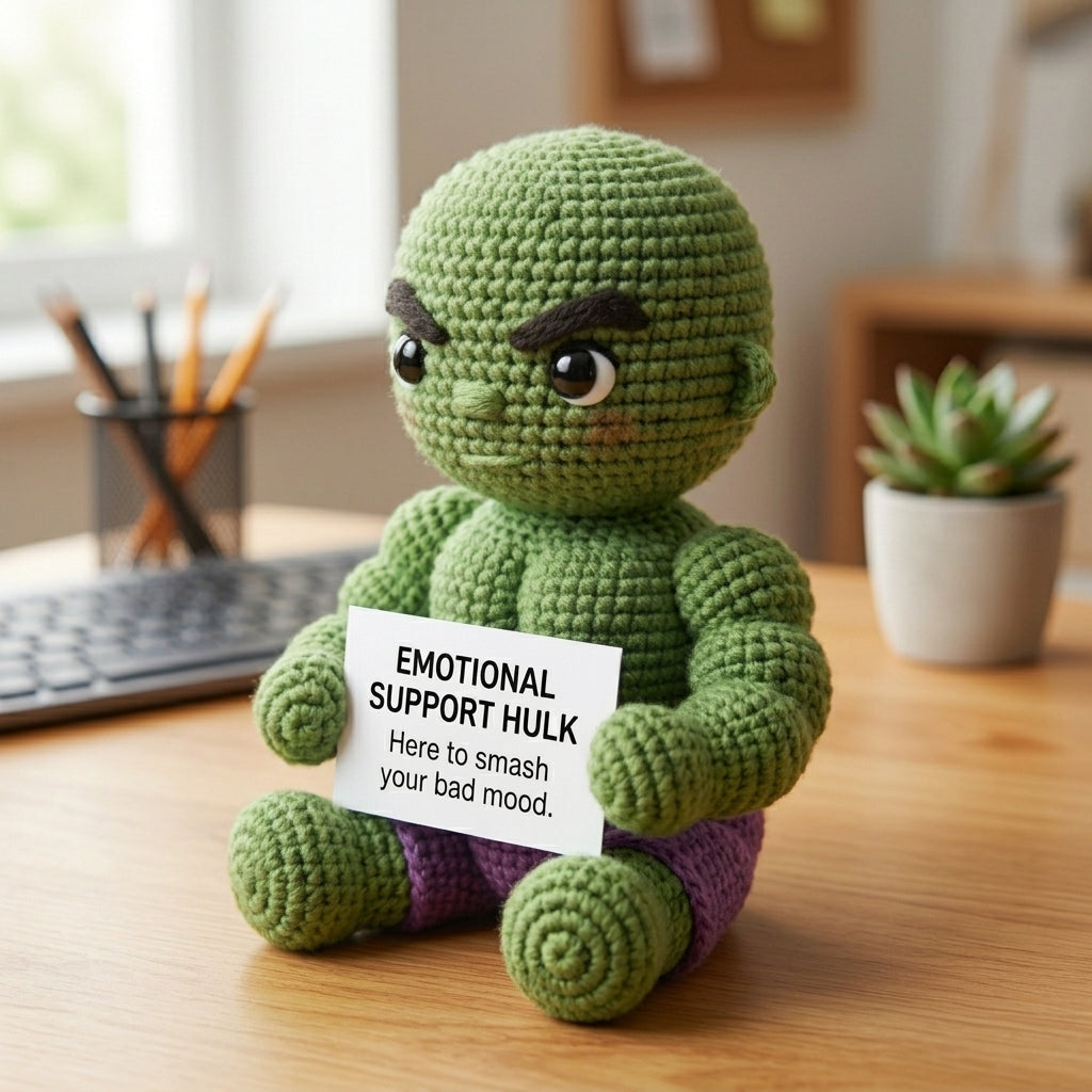 Emotional Support Hulk Crochet Doll by Knot & Note – Handmade Amigurumi Marvel Plush, Cute Desk Companion