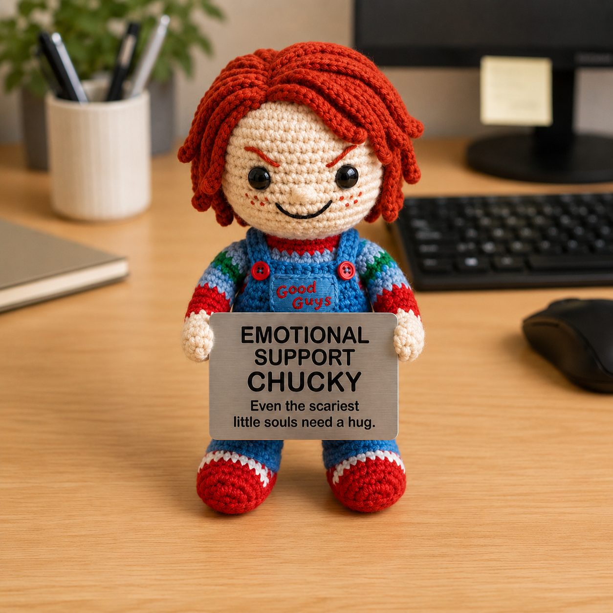 Emotional Support Chucky Crochet Doll by Knot & Note – Handmade Amigurumi Plush, Cute Horror Desk Companion