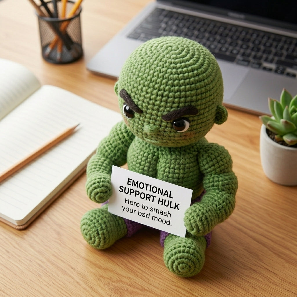 Emotional Support Hulk Crochet Doll by Knot & Note – Handmade Amigurumi Marvel Plush, Cute Desk Companion