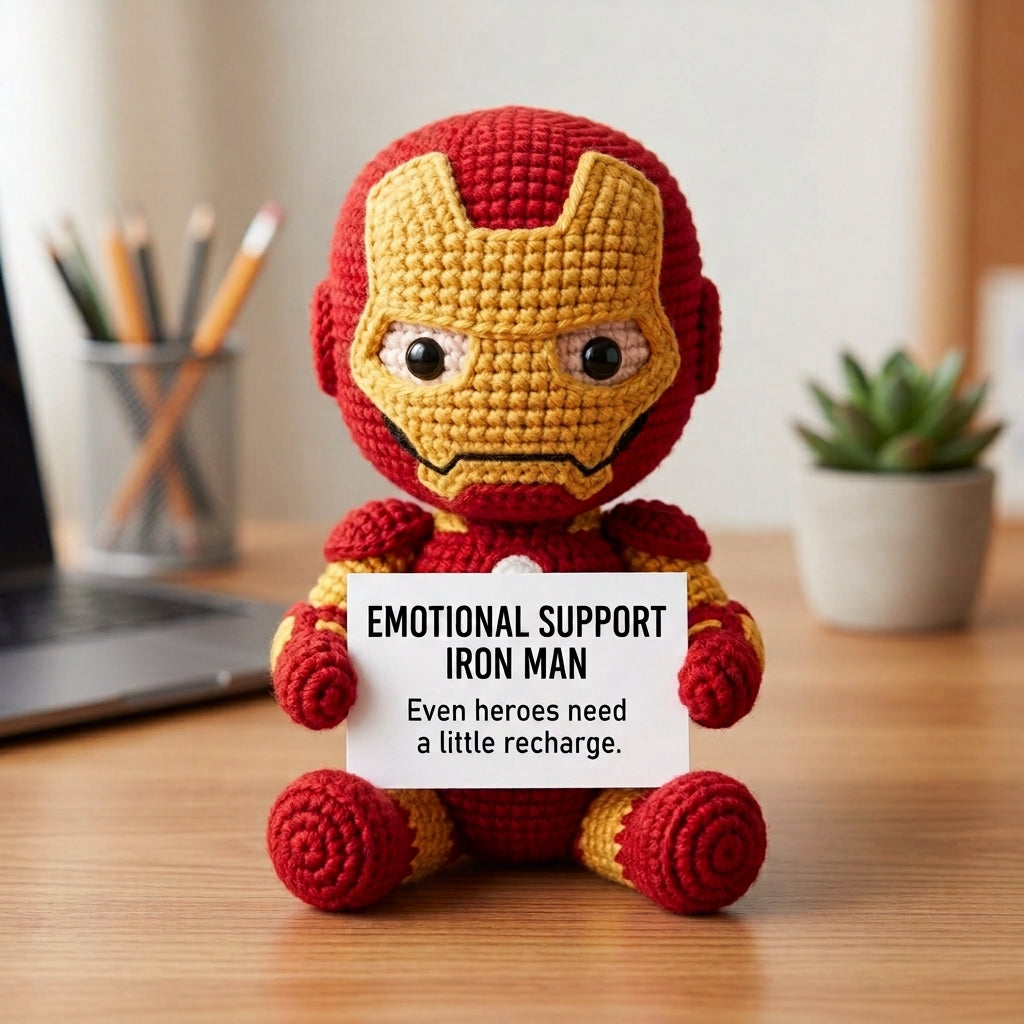 Emotional Support Iron Man Crochet Doll by Knot & Note – Handmade Amigurumi Marvel Plush, Cute Desk Companion