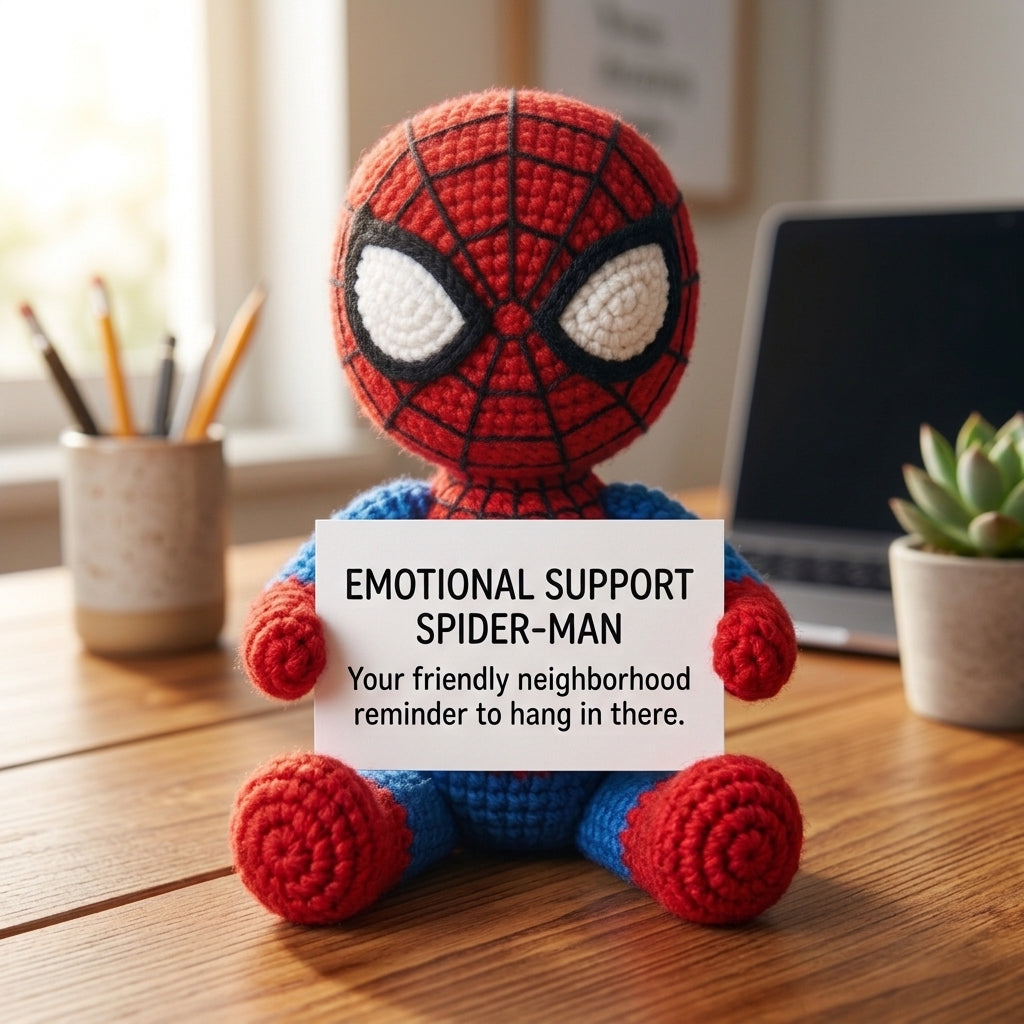 Emotional Support Spider-Man Crochet Doll by Knot & Note – Handmade Amigurumi Marvel Plush, Cute Desk Companion
