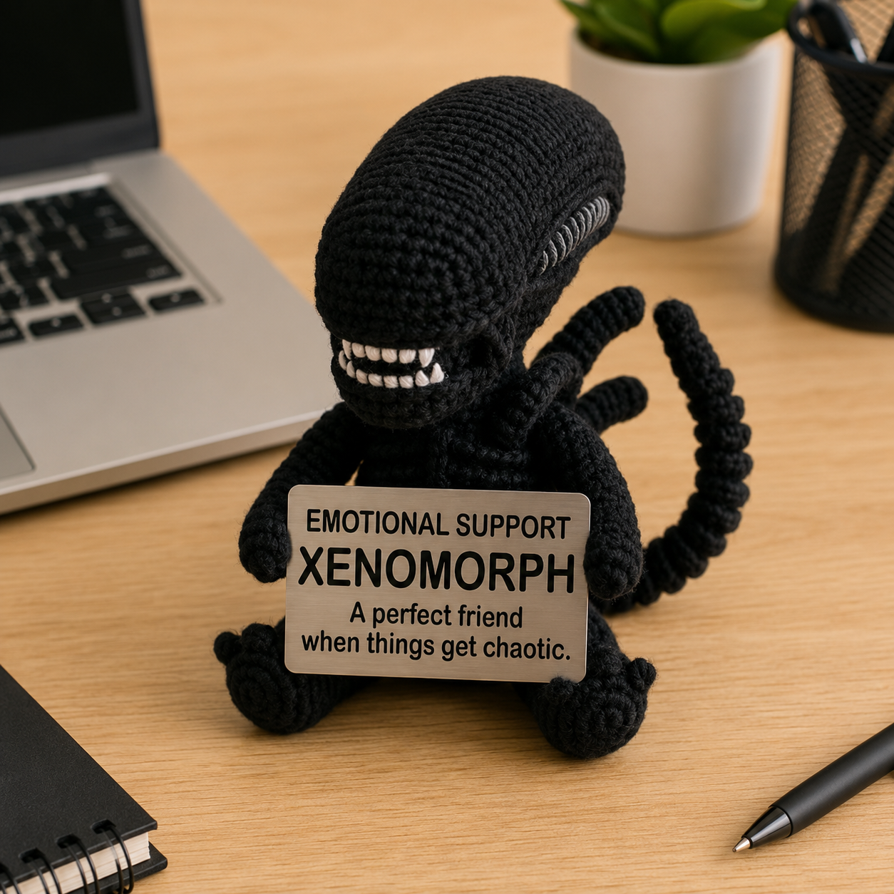 Emotional Support Xenomorph Crochet Doll by Knot & Note – Handmade Amigurumi Sci-Fi Plush, Cute Horror Desk Companion