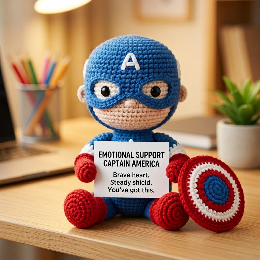 Emotional Support Captain America Crochet Doll – Handmade Amigurumi Superhero Plush, Cute Desk Companion