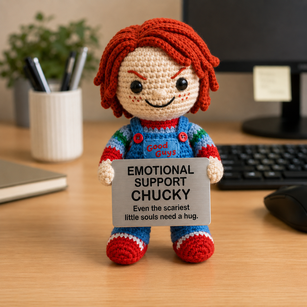 Emotional Support Chucky Crochet Doll by Knot & Note – Handmade Amigurumi Plush, Cute Horror Desk Companion