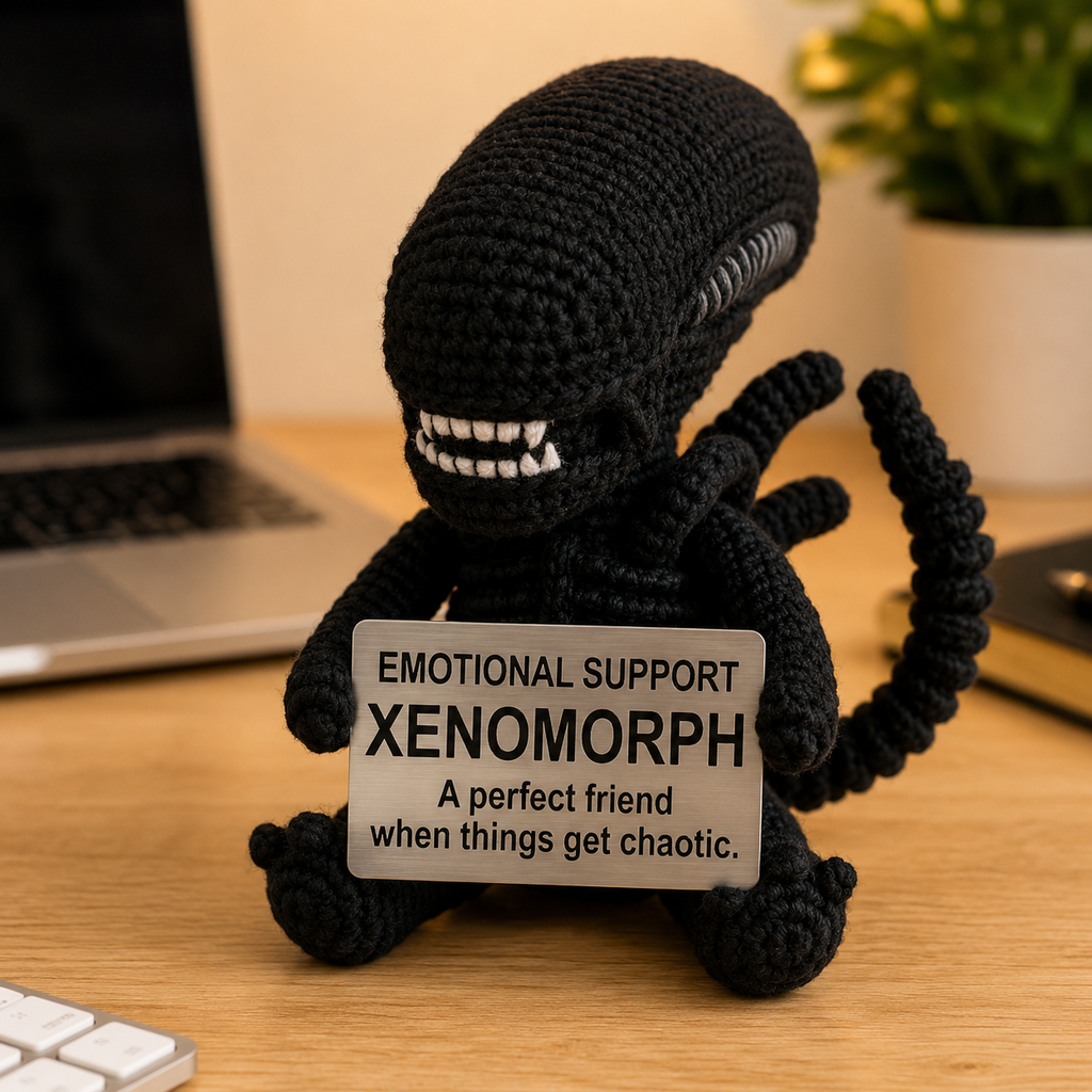 Emotional Support Xenomorph Crochet Doll by Knot & Note – Handmade Amigurumi Sci-Fi Plush, Cute Horror Desk Companion