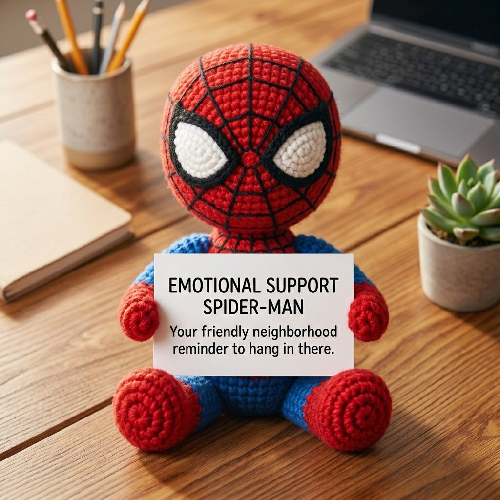 Emotional Support Spider-Man Crochet Doll by Knot & Note – Handmade Amigurumi Marvel Plush, Cute Desk Companion