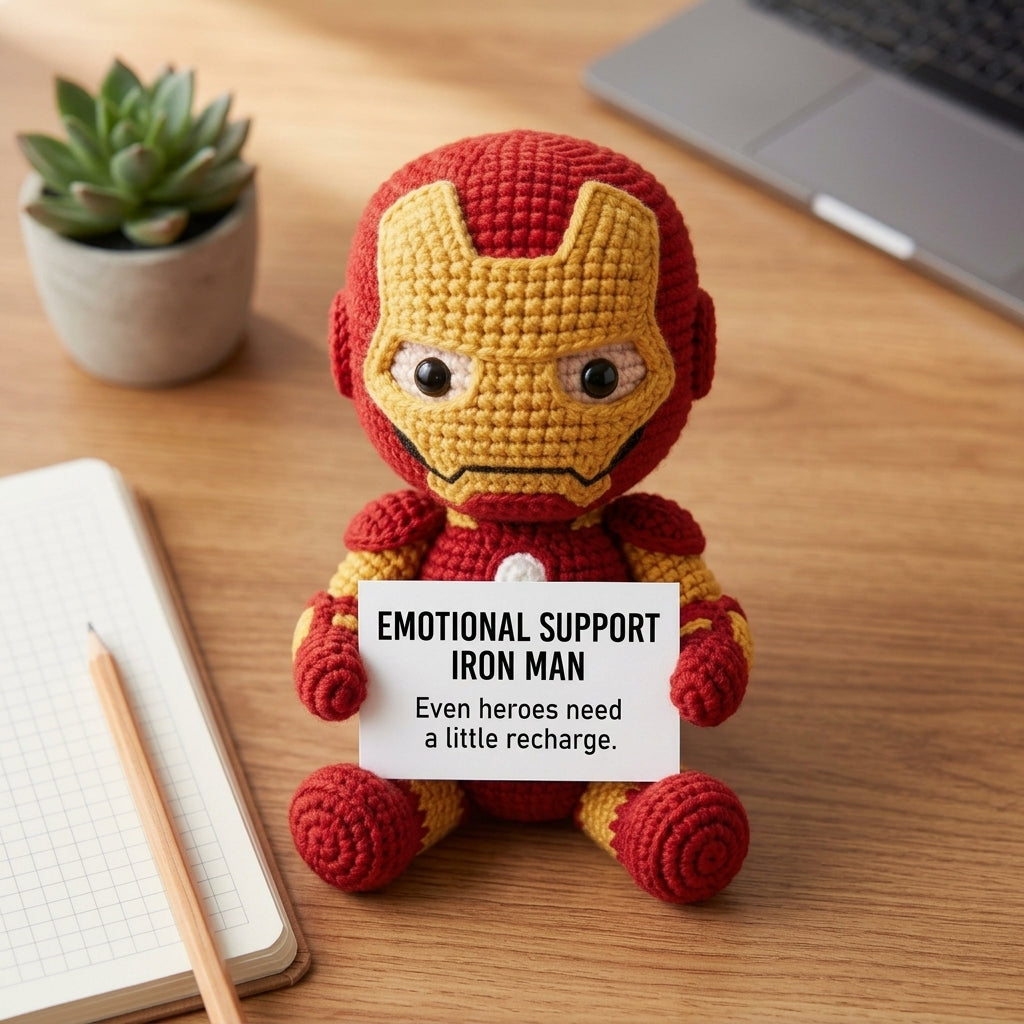 Emotional Support Iron Man Crochet Doll by Knot & Note – Handmade Amigurumi Marvel Plush, Cute Desk Companion