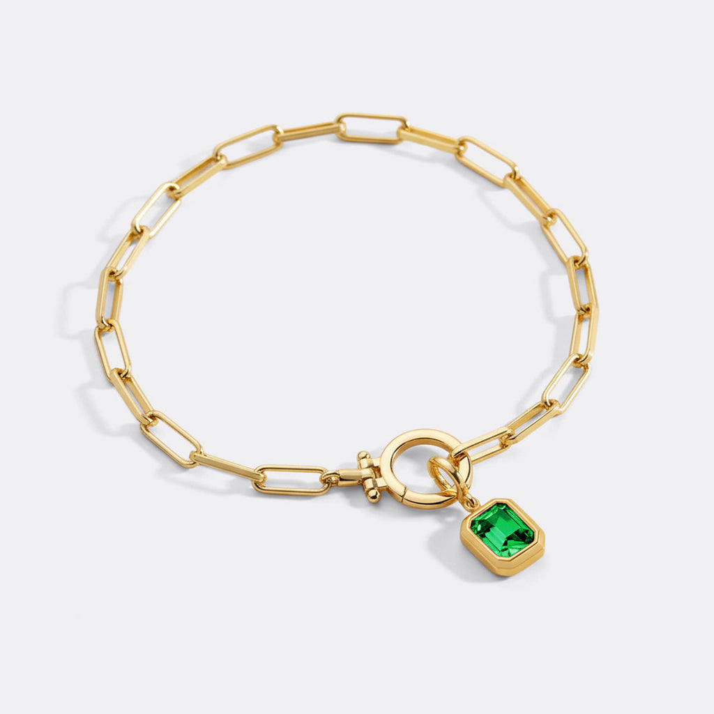 Baguette Birthstone Charm on Mint Paperclip Bracelet